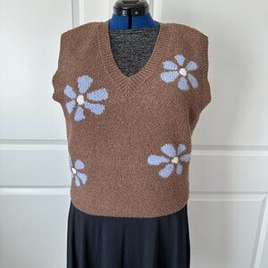 Hippie Rose, Pull Over Vest, Brown w/Blue Flowers, size L